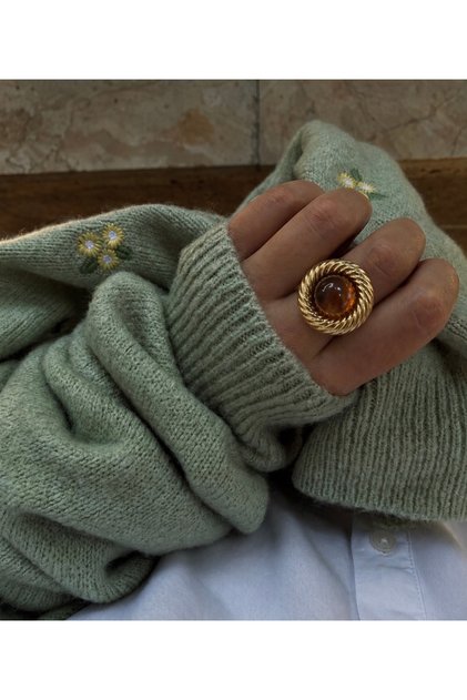 Amber Gold Ayarlanabilir Yüzük – Pirinç Üzeri Altın Kaplama Kahverengi Taşlı Büyük Vintage Yüzük