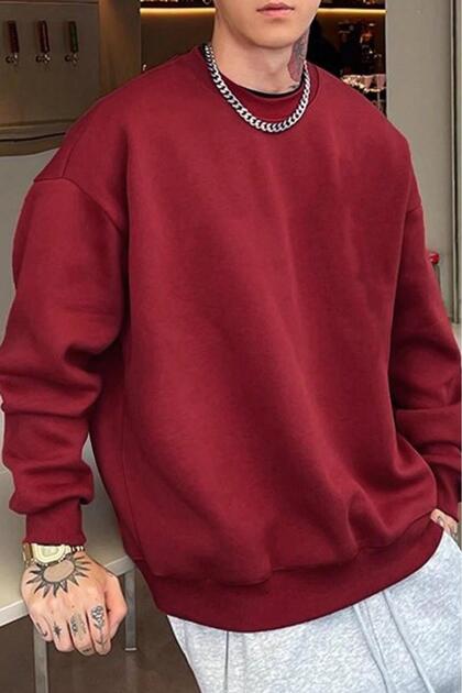 Men's Red Crew Neck Plain Sweatshirt