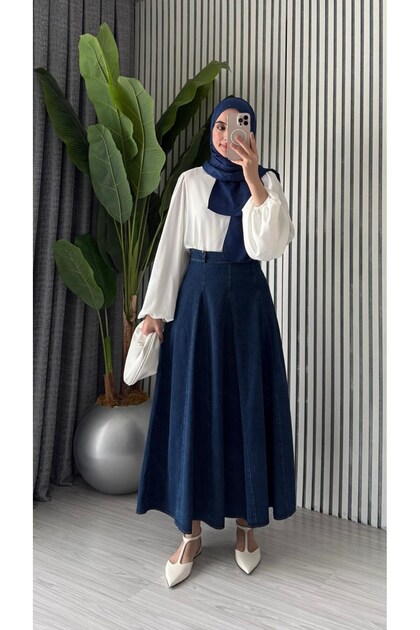 Women's Pleated Design Long Denim Skirt with Seats