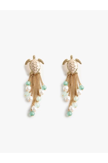 Bead Detailed Dangle Chain Turtle Earrings