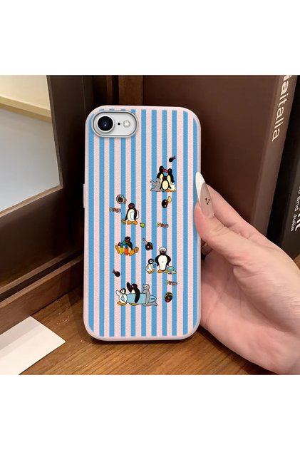 iPhone 7/8/Se 2020 2022 Compatible Pink Leather Textured Silicone Protects Camera Shock-Absorbing Pingu Cartoon Penguin Pattern Case