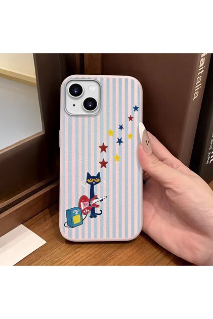 iPhone 14 Plus/15 Plus Compatible Pink Leather Textured Silicone Protects Camera Shock-Absorbing Cat and Star Pattern Case