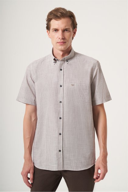 White-Brown Buttoned Collar Short Sleeve Pocketed Striped Pattern Comfort Fit 100% Cotton Shirt 1004260216