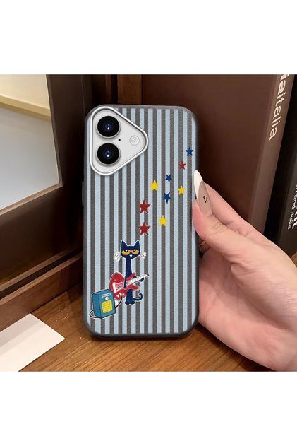 iPhone 16 Compatible Gray Leather Textured Silicone Protects Camera Shock-Absorbing Cat and Star Pattern Case