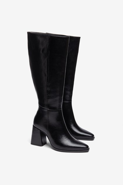 Black Shiny Blunt-Toe Thick-Heeled Semi-Zipper Boots