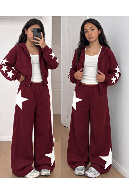 Girl's Star Printed Zippered Cardigan, Wide-Leg Sweatpants and Bodysuit 3-Piece Set