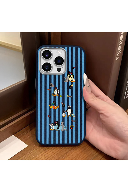 iPhone 14 Pro Max Compatible Blue Leather Textured Silicone Protects Camera Shock-Absorbing Pingu Cartoon Penguin Pattern Case