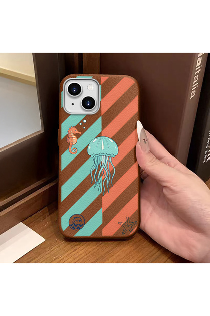 iPhone 13/14 Compatible Brown Leather Textured Silicone Camera Protection Shock-Absorbing Jellyfish Pattern Case