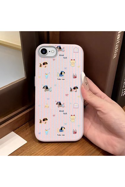 iPhone 7/8/Se 2020 2022 Compatible Pink Leather Textured Silicone Protects Camera Shock-Absorbing Cartoon Dog Pattern Case