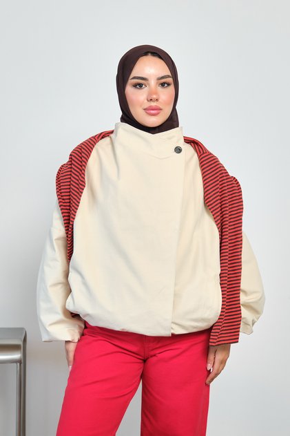 Women's Stand Collar Drawstring Detail Short Lined Trench Coat Cream