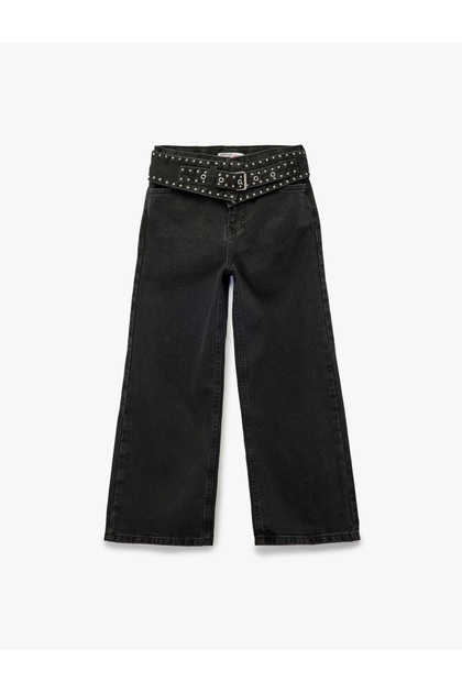Belted Studded Cotton Wide-Leg Denim Trousers
