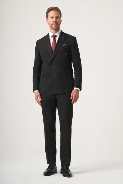 Black Swallow Collar Double Breasted 6 Drop Slim Fit Full Lining Flexible Suit 1001260180