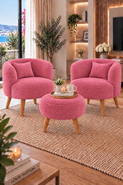 BELİSSA Çay Seti Teddy Kumaş Kaplı Berjer Salon Balkon Koltuk Oturma Grubu 2 Berjer 1 Puf 3 lü Set ŞEKER PEMBE