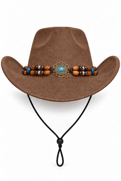 Unisex Internally Adjustable Suede-Look Turquoise Stone Beaded Fedora Model Cowboy Hat