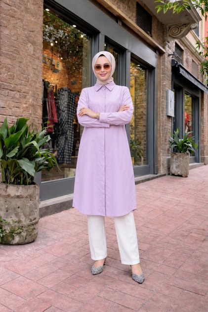 Women's Shirt Collar Casual Long Lilac Shirt Dress