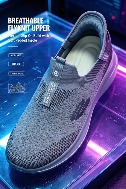 حذاء رياضي رجالي سهل الارتداء بسُمك 5 سم ونعل مبطن - جزء علوي من نسيج Flyknit جيد التهوية مع نعل داخلي مبطن وشريط سحب للكعب - راحة حضرية طوال اليوم
