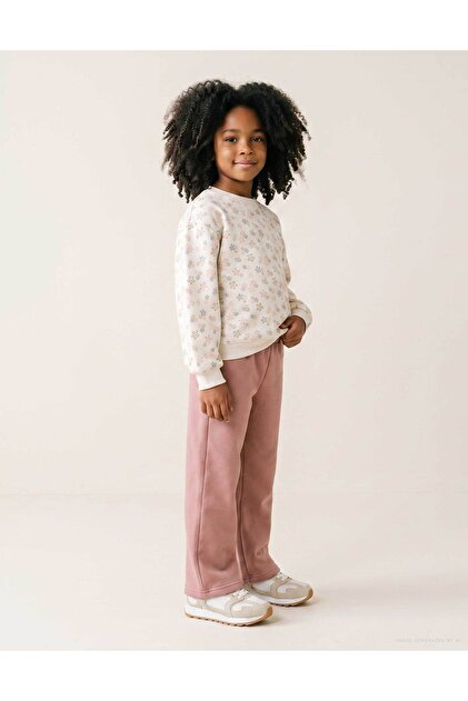 Brushed Jogging Set With Floral Print For Girls, White/Pink