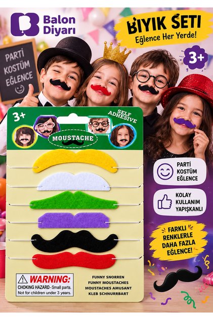 Bıyık Set 6'lı Keçe kostüm takma bıyık kız erkek Renkli