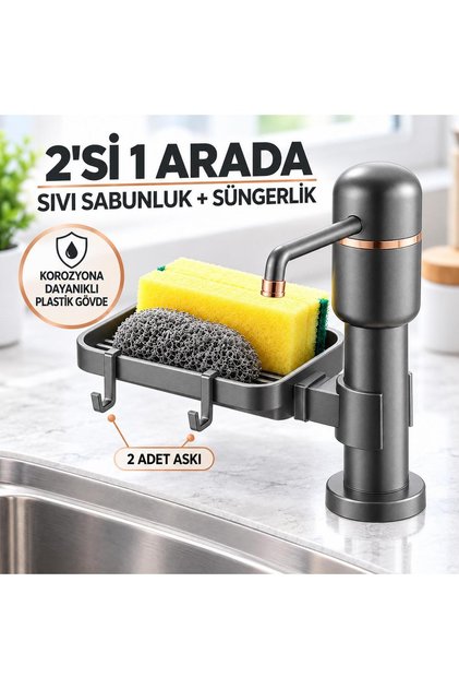 2’si 1 Arada Siyah Mutfak Sıvı Sabunluk ve Süngerlik Seti Tezgah Üst Pompalı Dispenser 360°