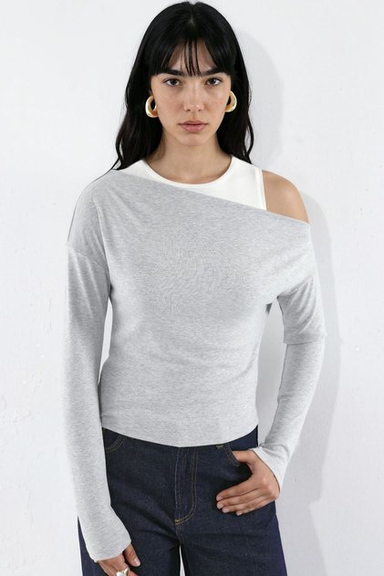 Viscose Blended Asymmetric Collar Long Sleeve Layered T-Shirt