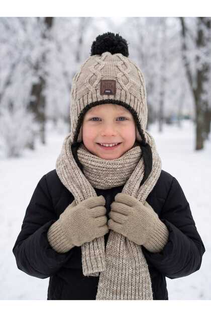 Kitti 4-8 Years Old Boys' Lined Scarf, Beanie, Gloves 3-Piece Set