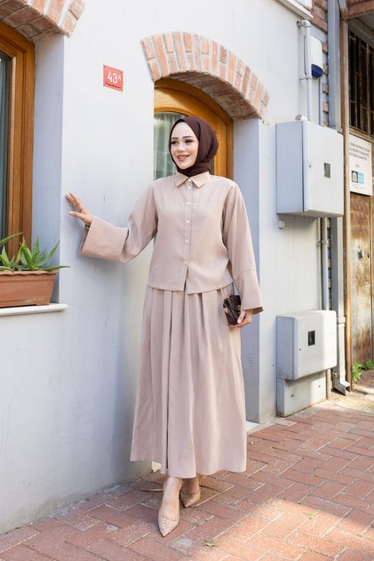 Lina Premium Pleated Skirt and Shirt Modal Woven Double Hijab Set