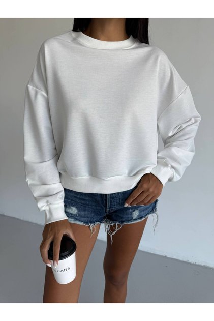 Women's White Crew Neck Oversize Two-Thread Non-Padded Sweatshirt