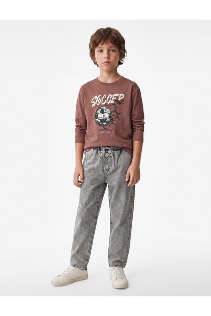Crew Neck Long Sleeve Cotton Football Printed T-Shirt