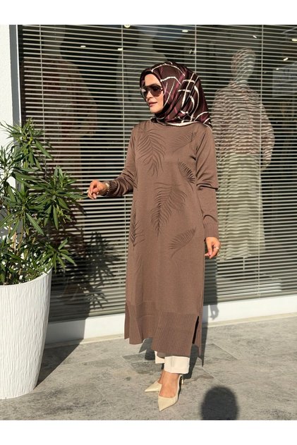 TREND DESENLİ MERSERİZE TAM BOY TUNİK MOCHA