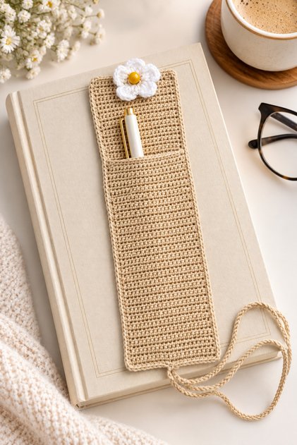 Bookmark with Pen Holder Beige Daisy Pen Compartment Book Accessory