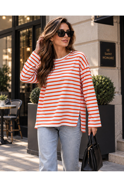 Beyaz Turuncu Çizgili Bisiklet Yaka Uzun Kollu Oversize Yan Yırtmaçlı T-Shirt