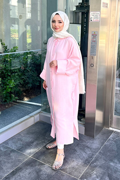 Uzun Müslin Gömlek - Pembe