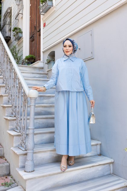 Mira Premium 100% Cotton Pleated Roka Woven Double Hijab Set with Pocketed Skirt and Shirt