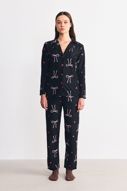 Suede Textured Shirt Collar Pajama Set with Bow