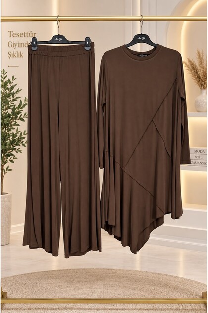 26525 Asymmetrical Cut Tunic Trouser Set with Crossed Piping Detail