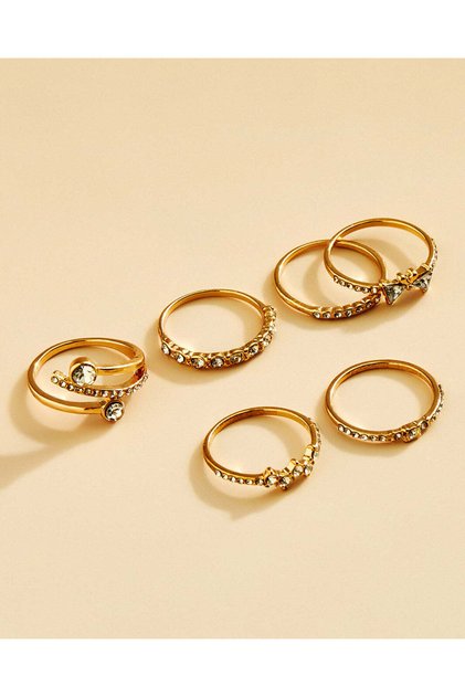 Women Gold Embellished Finger Rings 6 Piece Set