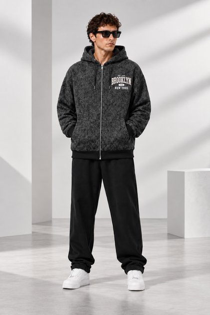 Unisex Oversize Patterned Zipper Hooded Sweatshirt with Different Print Options and Pockets Streetwear Hoodie