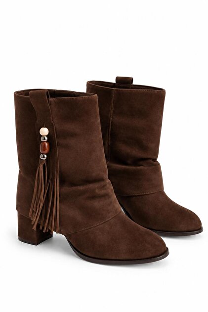 Ophelia Brown Suede Women's Daily Wear Non-Zippered Pointed Toe Tassel Detailed Stylish Modern Thick Heel Boots & Booties