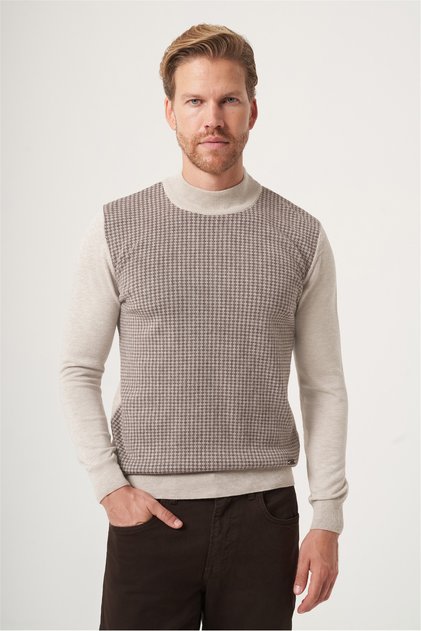 Beige-Milk Coffee Turtleneck Long Sleeve Knitted Comfort Fit Cotton Sweater 1012265152