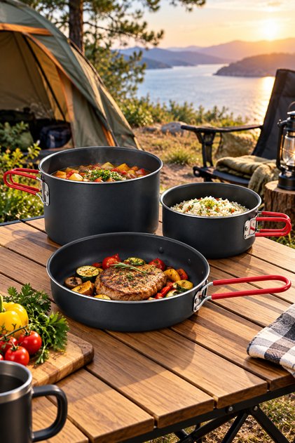 3 Pieces Steel Camping Dinnerware Set Folding with Silicone Handle 12-14-16cm Rb291