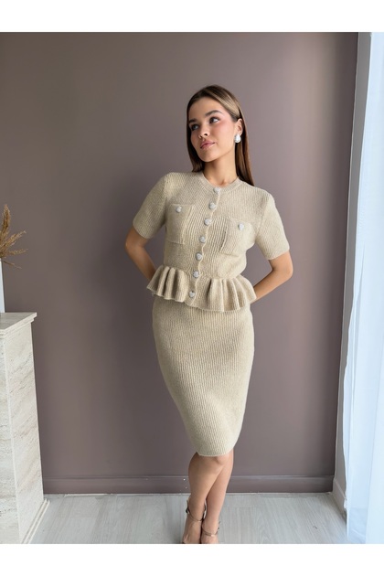 Glittery and Buttoned Soft Blouse Skirt Knitwear Set
