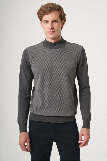 Smoked Polo Collar Long Sleeve Knitted Comfort Fit Cotton Sweater 1012265150