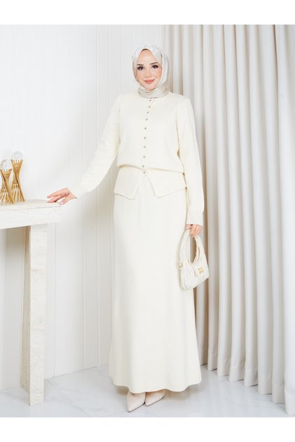 Cardigan and Buttoned Knitwear Skirt Set