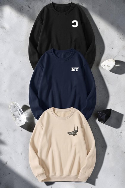 Unisex Mixed Printed Crew Neck Sweatshirt Set – Pack of 3
