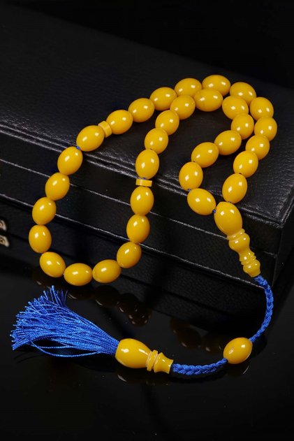 Blue Knitted Tassel Countersunk Hole Crimped Amber Prayer Beads