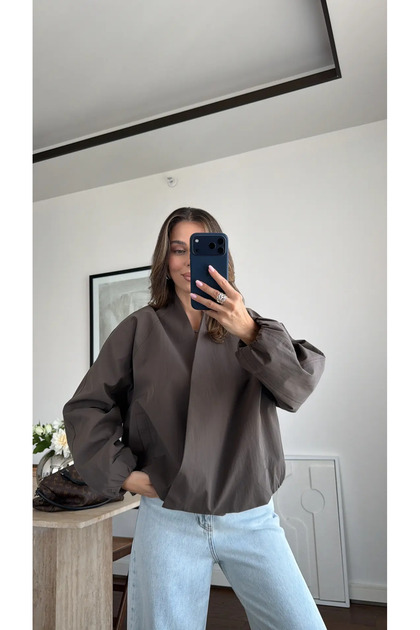 Women's Double-Breasted V-Neck Snap Button Balloon Sleeve Bomber Jacket