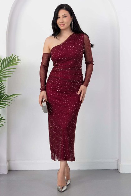 One Shoulder Long Sleeve Rhinestone Tulle Dress Dks1012