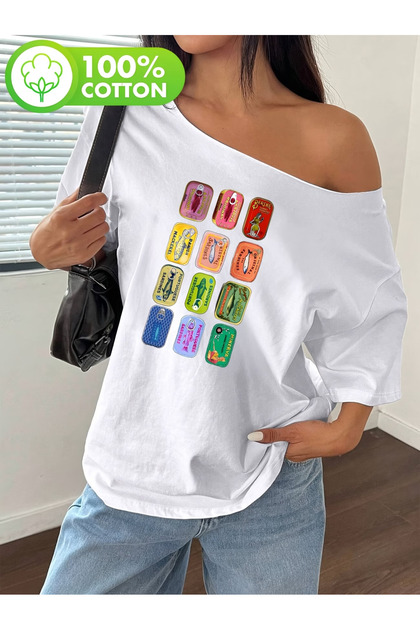 Women's Sardine Printed Oversize Boat Neck T-Shirt
