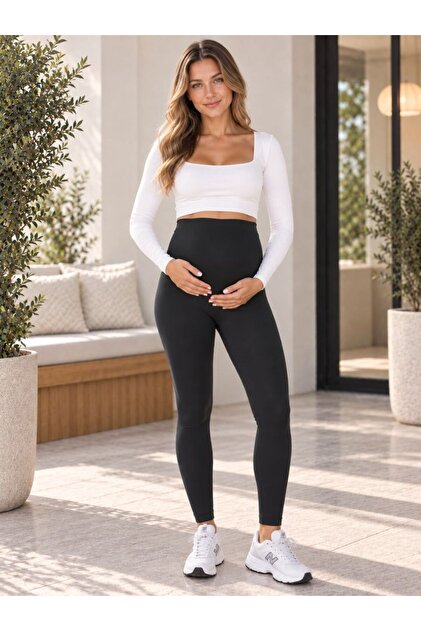 Women's Black Maternity Leggings with High Waist and Abdominal Support, Comfortable Fit