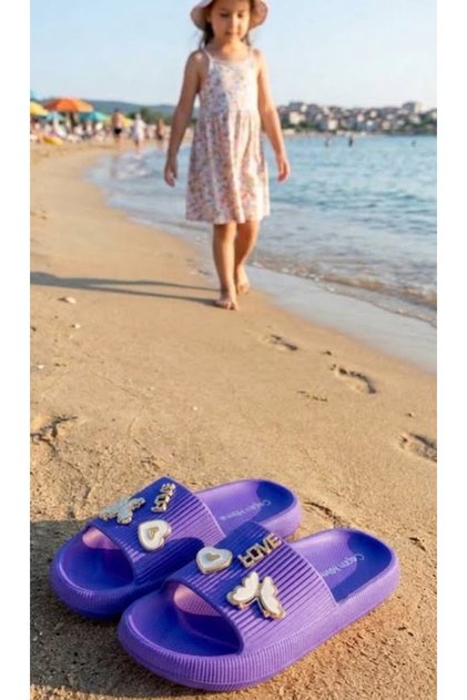 Girl's Purple Beach Slippers with Butterfly and Starfish Figures, Wet Floor Pool Slippers, Yozgat Sumer Model, Flexible Non-Slip Sole, Comfortable Daily Summer Sandals, Slippers